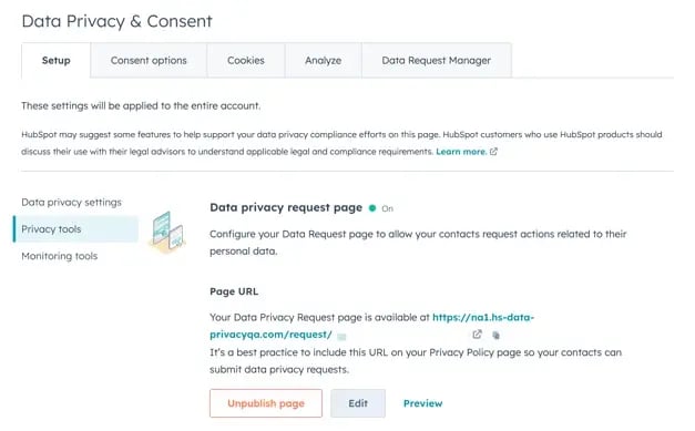 manage published data privacy page